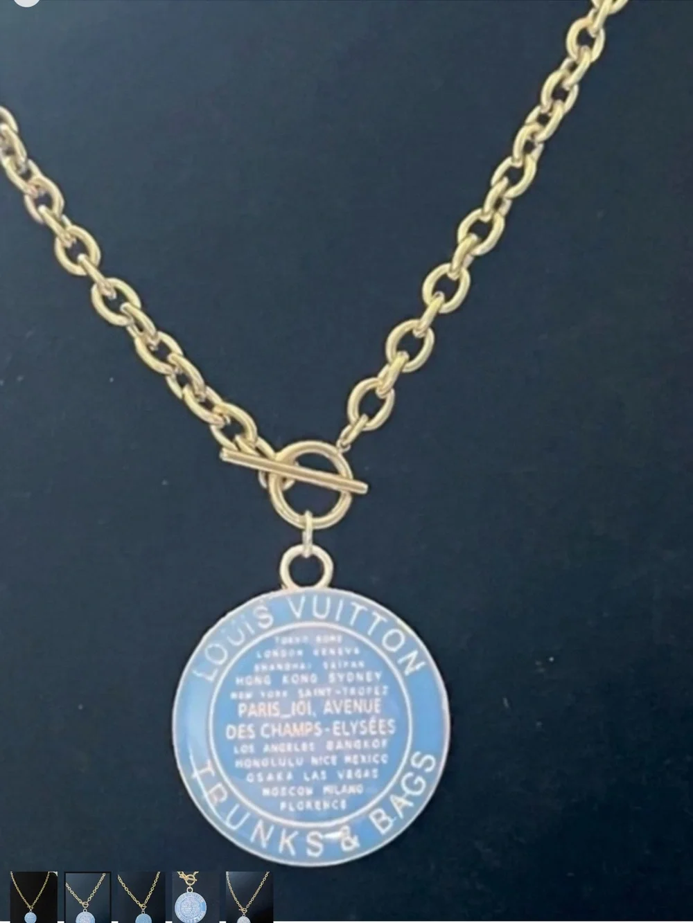Louis Vuitton Gold Chain Necklace with Blue Medallion